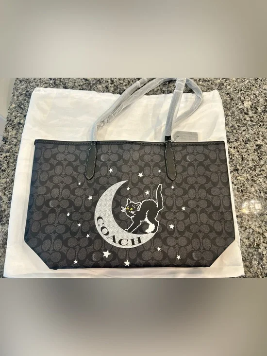 Halloween Coach Black Signature Canvas Tote with Moon & Cat Graphic
