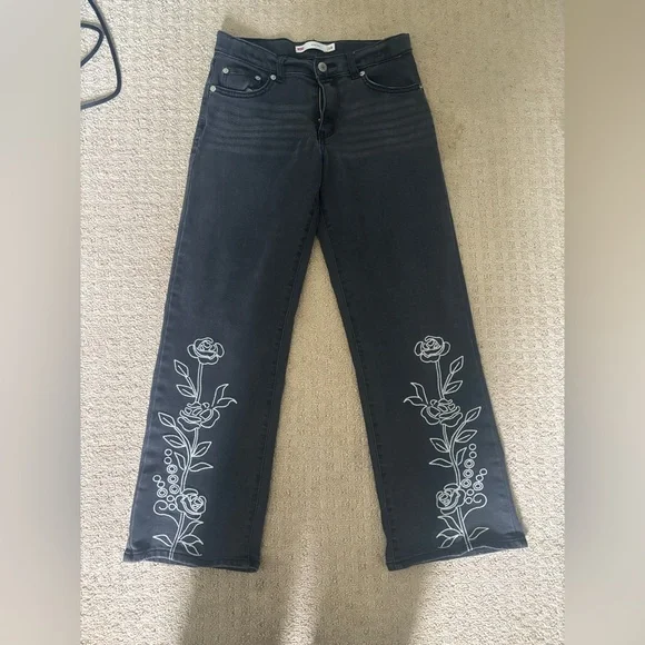 Levi's Black Wide Leg Jeans with White Floral Embroidery
