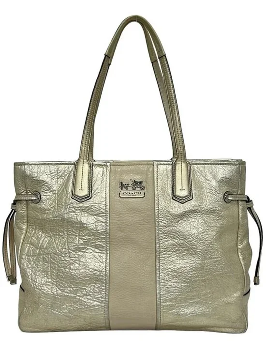 COACH Chelsea Leather Stripe Charlie Tote 18962 Gold Cream Leather Tote Bag