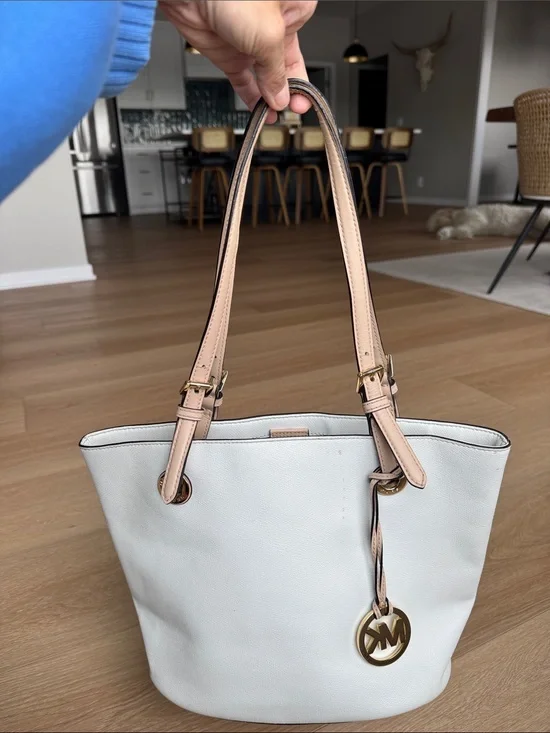 Michael Kors White Pebbled Leather Tote with Nude Pink Straps