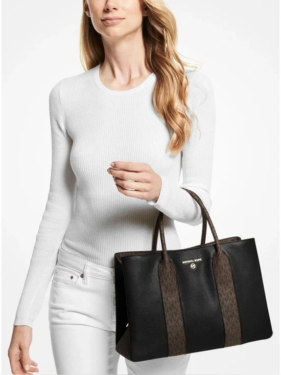 Michael Kors Austin Black Tote with Brown Signature Trim NWT NO crossbody strap