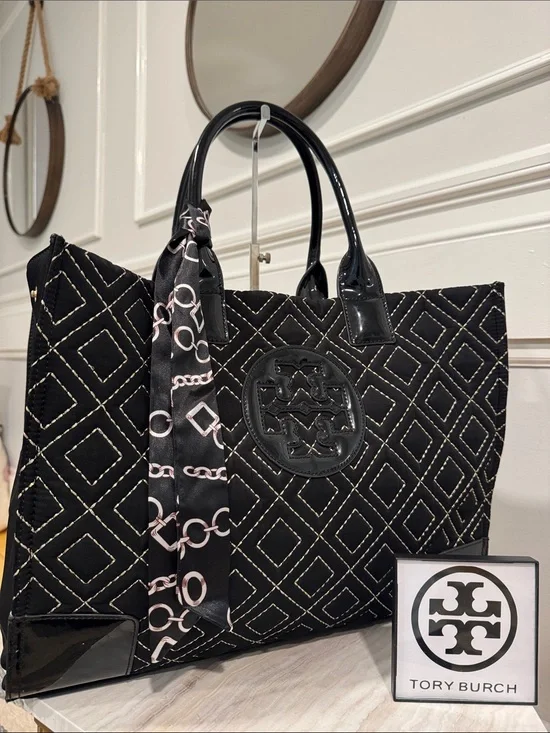 Tory Burch Bag Ella Quilted Black Large Nylon Tote Rare