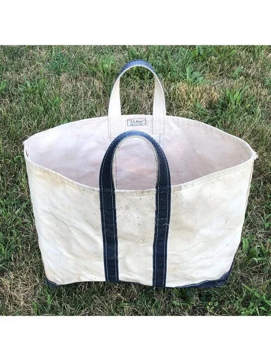 Vintage  80s LL Bean Canvas Boat & Tote Navy Handle Sawtooth Crinkle Tag Large
