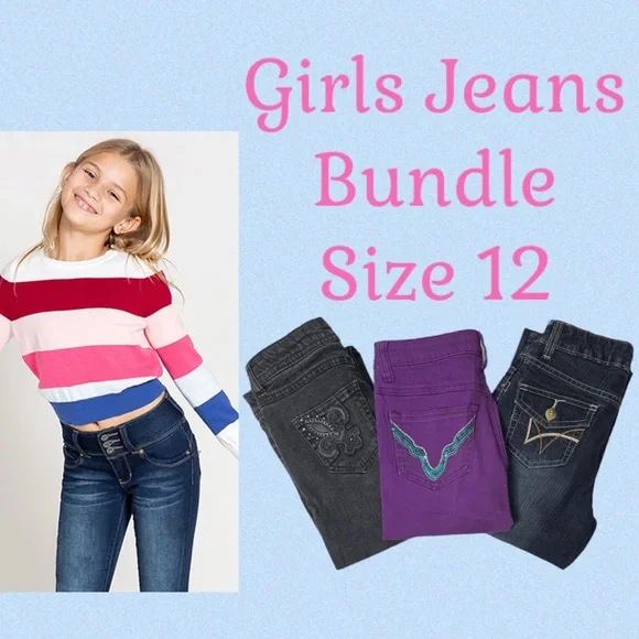 Vintage Y2K Jeans Bundle Retro Embroidered Pockets Purple 3 Pc Set Girls Size 12