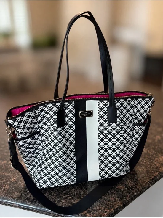 Kate Spade Black & White Quilted Stripe Tote - Diaper Bag with Pink Interior