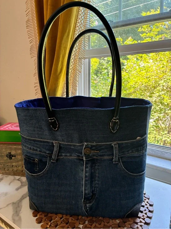 Dark Blue Denim Tote with Black Handles