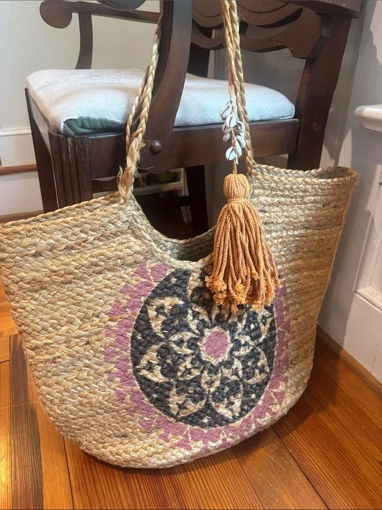 Antik KraftWoven Jute Tote Bag with Tassel - Natural with Pink & Black Medallion