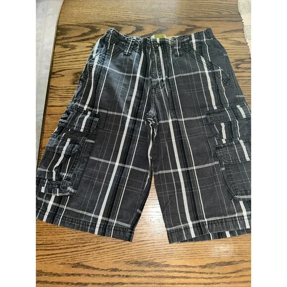 Boys Lee Dungarees shorts Size 12 Cargo Black Gray White Plaid Adjustable Waist