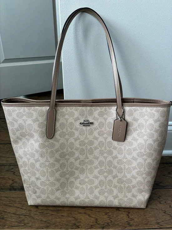 Coach Beige Signature Canvas Tote with Taupe Trim