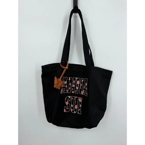Old Navy‎ Anna Sui Canvas Tote Bag Women OS Black Floral Logo Butterfly Charm