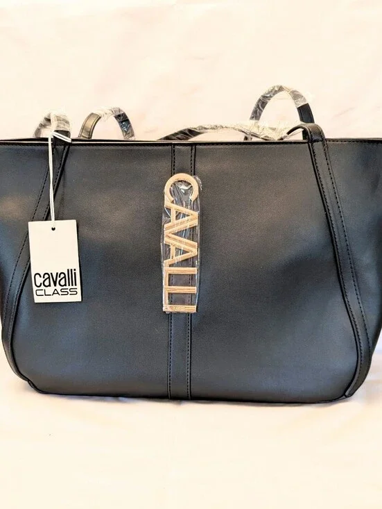 Large Cavalli Class Black Onyx Tote Satchel with Gold Logo Accent NWT