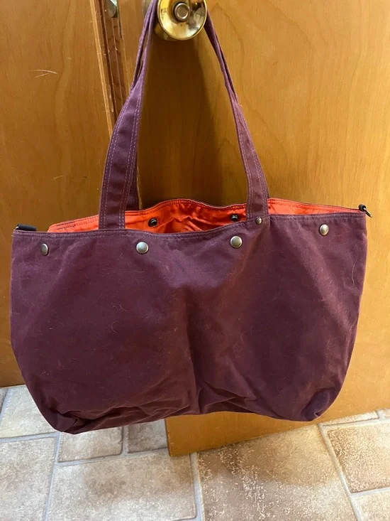 moop waxed Canvas Tote Bag in Plum with Orange lining