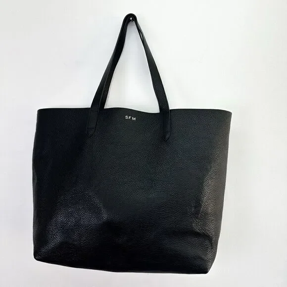 Cuyana Classic Structured Black Italian Pebbled Leather SFM Monogrammed Tote