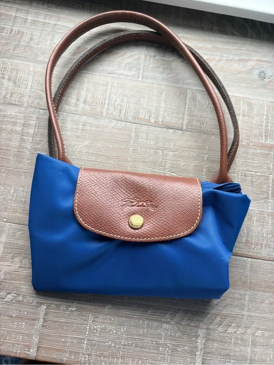 Longchamp Le Pliage Blue Nylon Tote with Brown Leather Trim