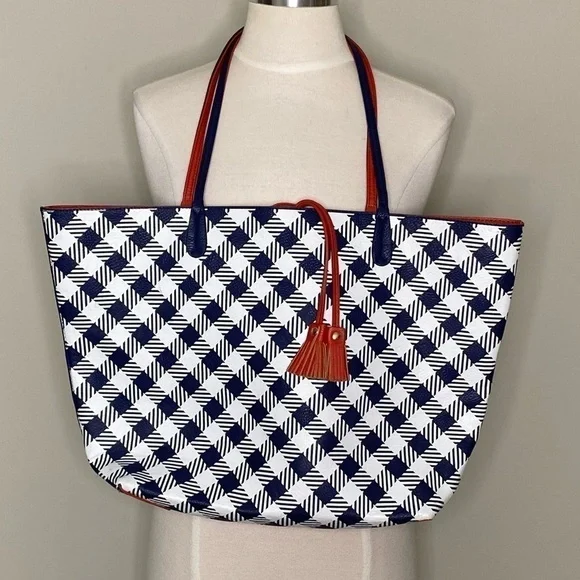 Mud Pie Navy Gingham & Orange-Red Reversible Reagan Tote Bag