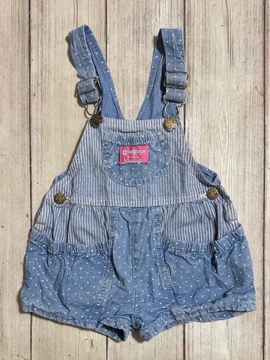 Vintage OshKosh USA chambray striped polka dot shortalls overalls 3t girls 18”