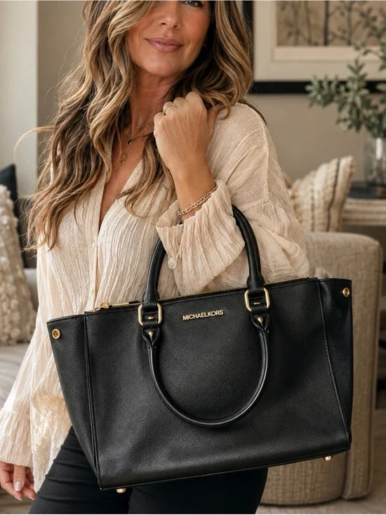 Michael Kors Black Saffiano Faux Leather Tote with Gold Hardware