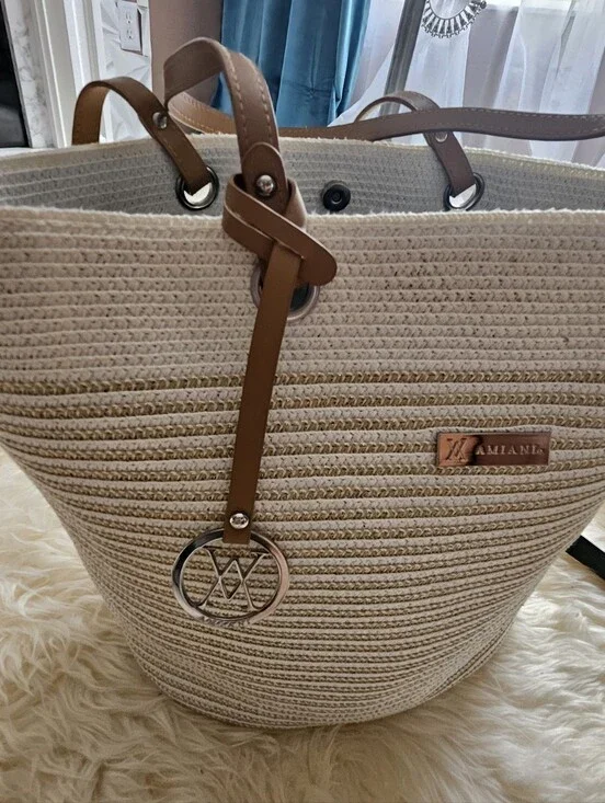 miami Beige Straw Tote with Brown Trim and Logo Charm