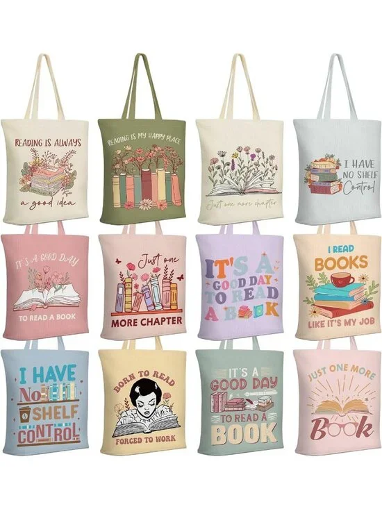 12 Pcs Canvas Tote Bag for Book Lovers - Stylish Reading Bag with Pocket