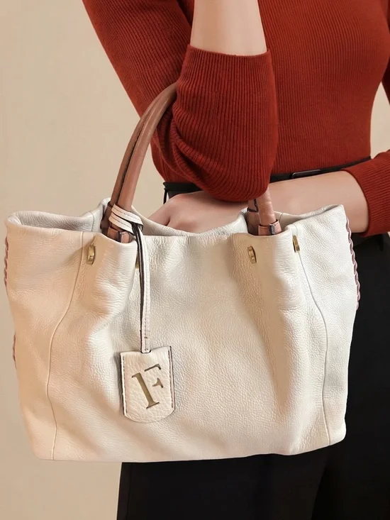 Furla Ivory Whipstitch Leather Tote with Tan Handles
