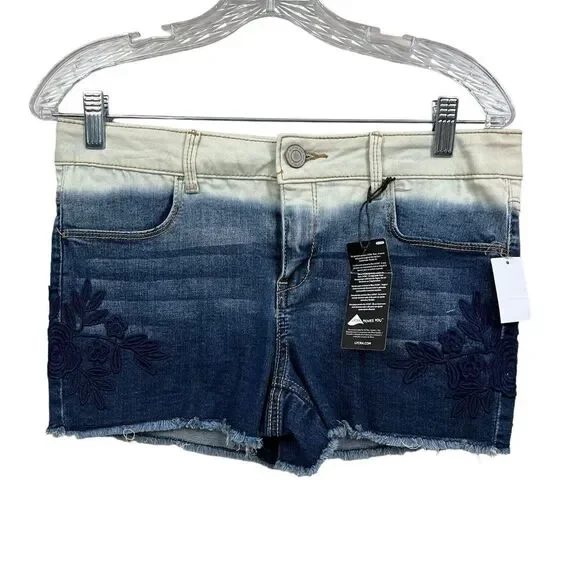 SO Girls Jean Shorts Shortie Dip Dye Floral Embroidered Raw Hem Mid Rise Sz 16*