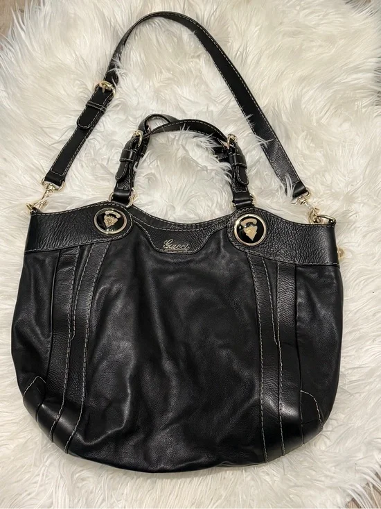 Authentic Gucci Black Leather Shoulder Bag with Gold Hardware