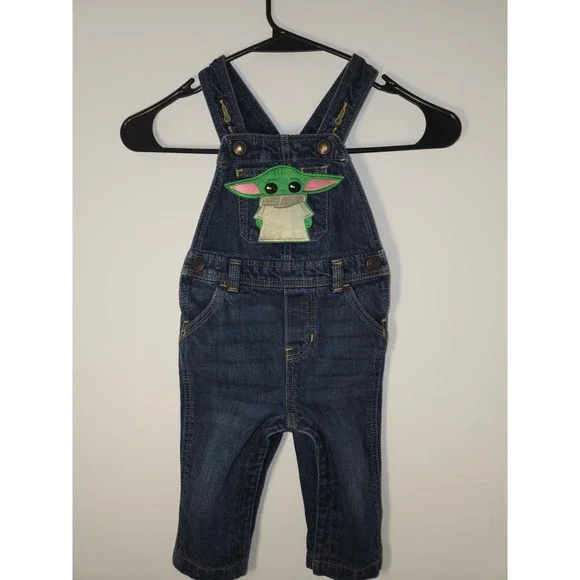 Old Navy Star Wars Baby Yoda Grogu Denim Overalls Toddler 12-18M Medium Wash