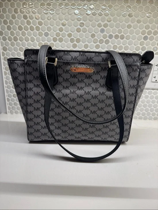 Michael Kors Gray MK Signature Tote with Black Straps