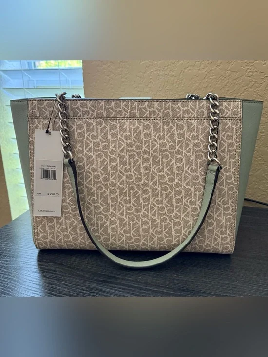 Calvin Klein Beige Monogram Tote with Silver Chain Straps