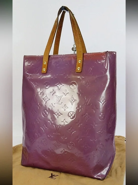 Louis Vuitton Glossy Plum Vernis Tote with Tan Handles