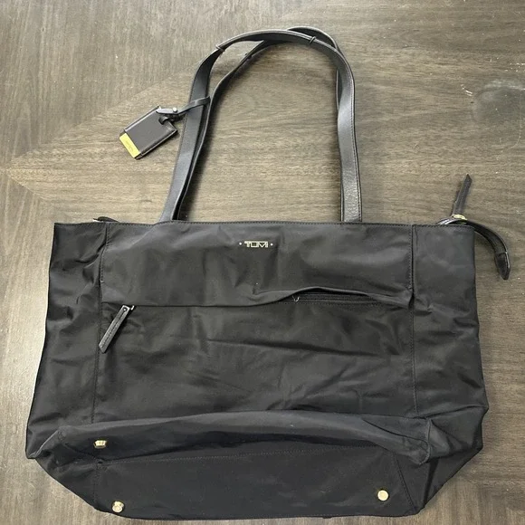 Tumi Voyageur Tote Bag Black Nylon Leather Straps Zip Top