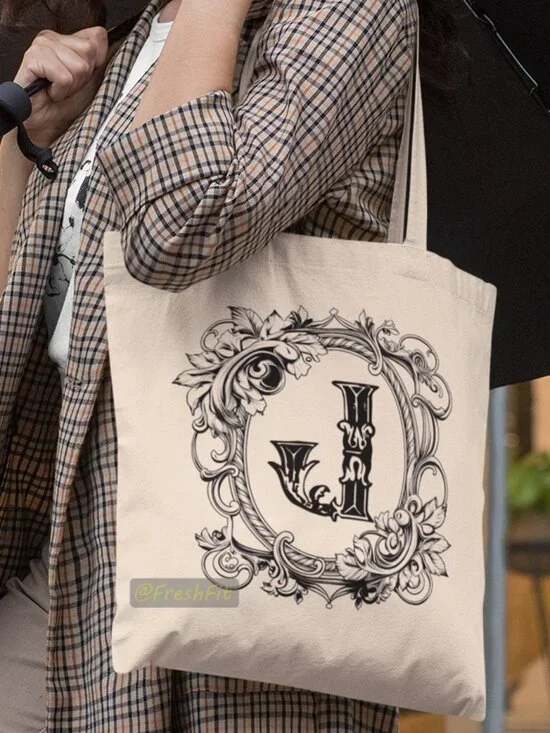 🆕Letter J Ornate Initial Natural Canvas Tote Bag