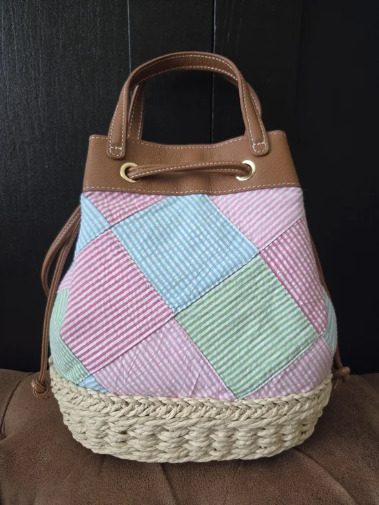 Talbots Pastel Madras Drawstring Bucket Bag with Tan Trim