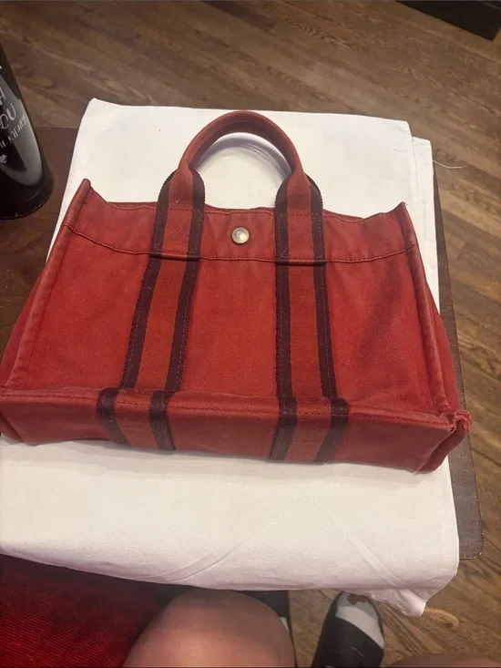 Hermes Red Canvas Tote with Dark Stripe