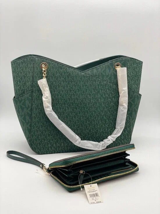 Michael Kors Jet Set Large Signature Logo Bag w/ Racing Green Continental Wallet