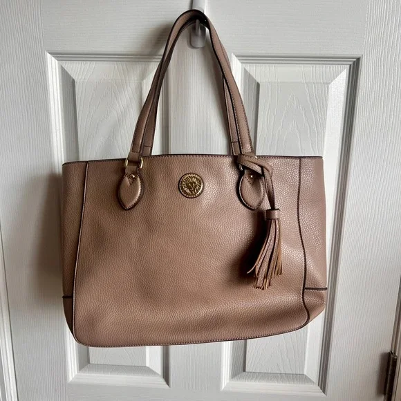 Anne Klein Tote Bag, Faux Leather, Lion Logo,‎ Tassel Charm, Taupe