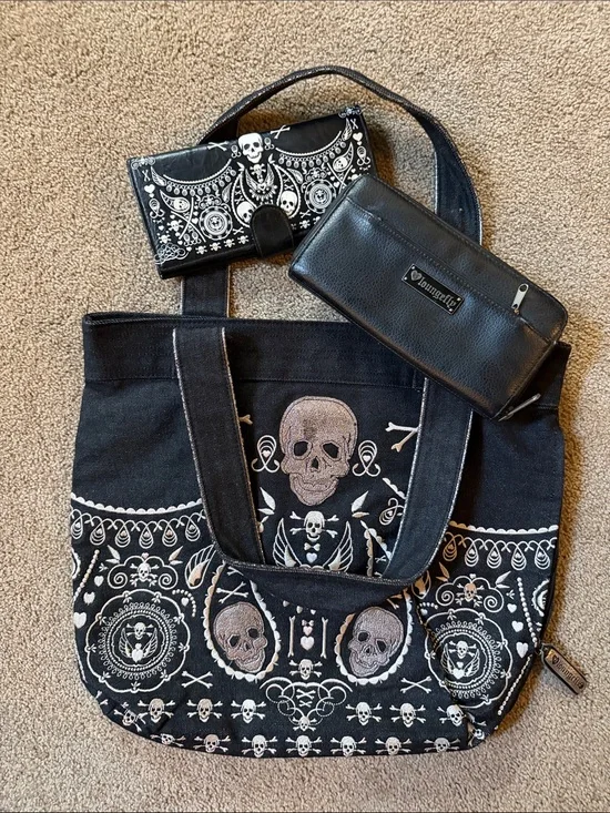 Loungefly Black Skull Pattern Tote Bag & two different style wallets that match