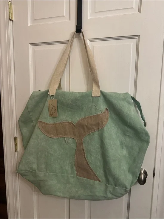 Large Canvas Whale-Tail Tote Bag in Sage and Tan.