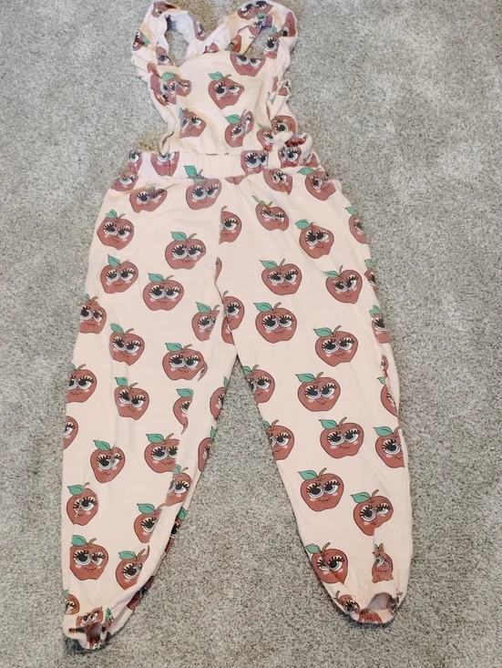 Girls' Pink Apple-Print Cotton Overalls