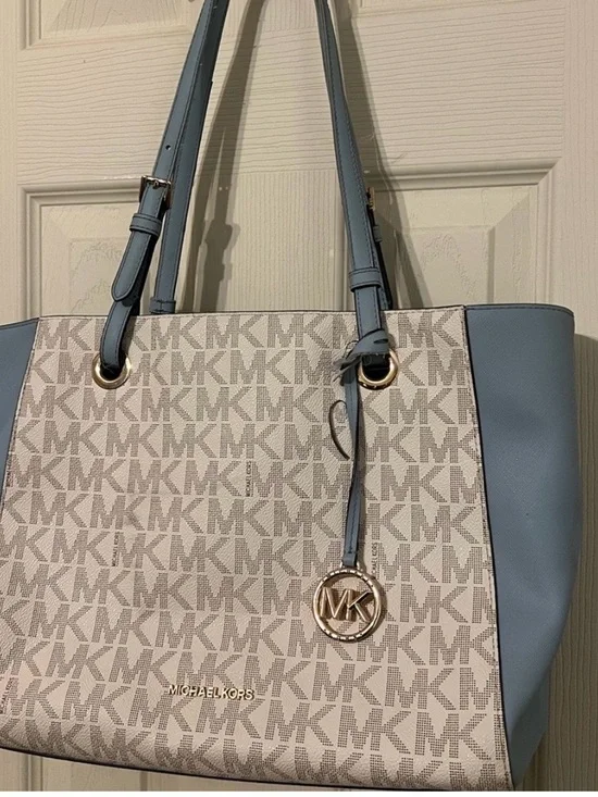 Michael Kors Blue Trim Signature MK Tote with Gold Hardware
