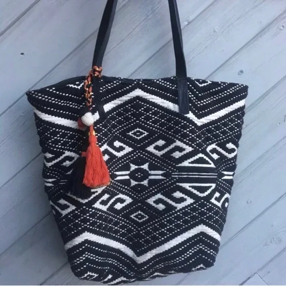 Aztec Patterned Large Woven Tote Bag with Leather Straps. Handmade.