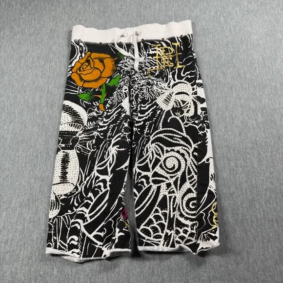Ed Hardy Capri Sweatpants Girls Large Geisha Tattoo Print Rhinestone Y2k