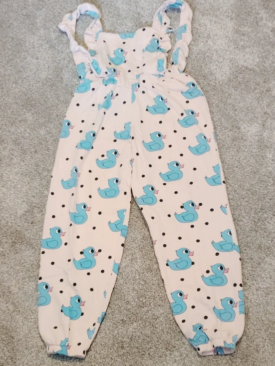 Girls Pink Overalls with Blue Duck Print