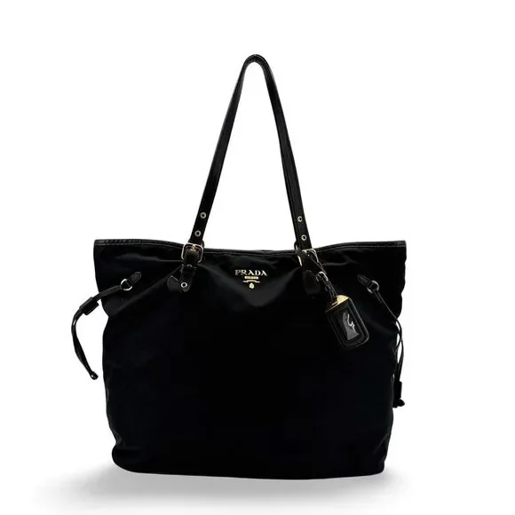 Prada Tessuto Soft Calf Leather Tote Bag Black Gold Hardware