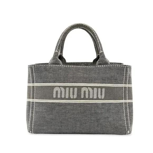 Miu Miu Logo Print Denim Tote Bag Black