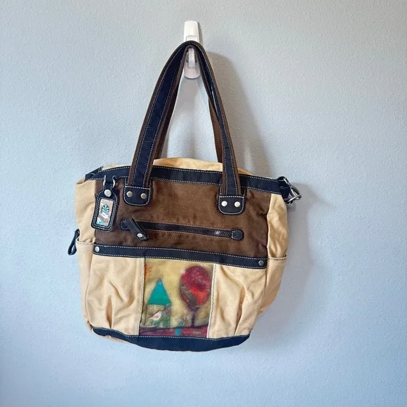 Sherpani vintage Women Tan Brown Canvas Art Panel Multi Pocket Tote Bag Large