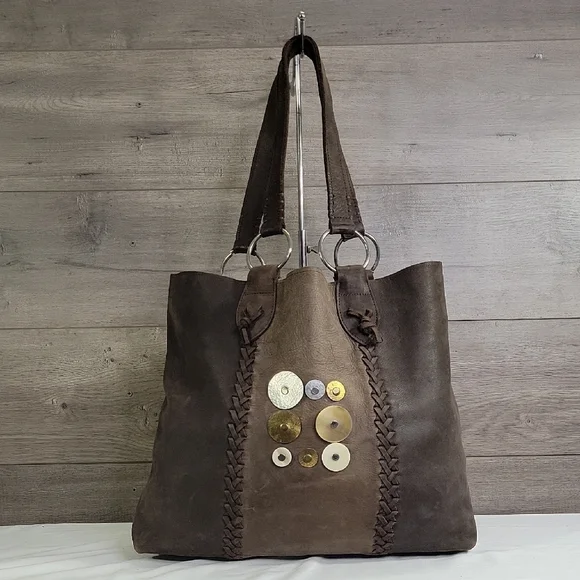 Annabelle Thom Kenya Brown Leather Studded Tote Bag
