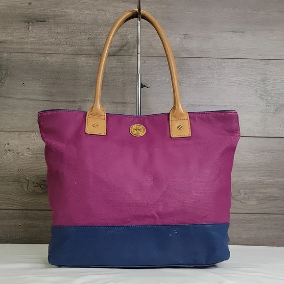 Tory Burch Dipped Canvas Leather Purple Blue Jaden Tote Shoulder Bag