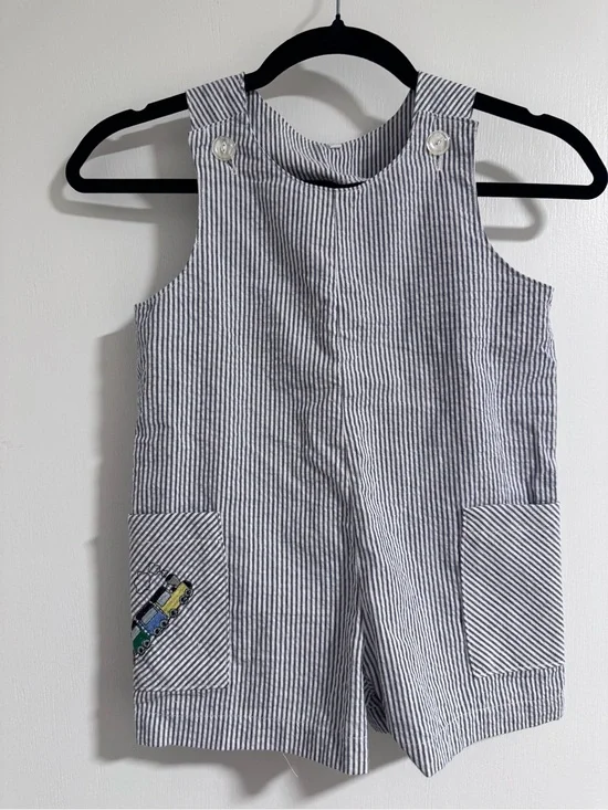 Striped Blue & White Kids Romper Vintage Overall Kids Size 3T / 4  1980s train