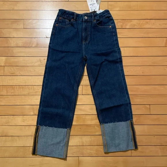 Zara Girls Dark Blue Relaxed Jeans with Contrast Cuffs